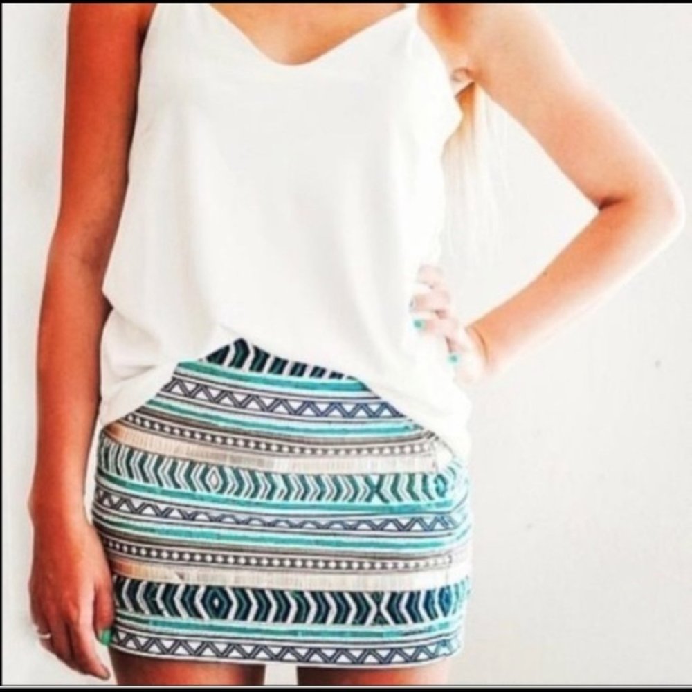 Zara Teal and Gold Beaded Aztec Mini Skirt L